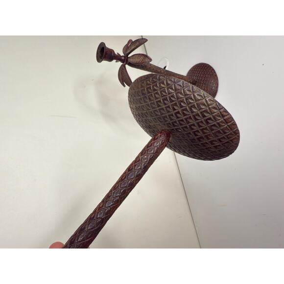 Pair Made in India Textured Wrought Iron Metal Tropical Palm Tree candlesticks - Picture 9 of 10